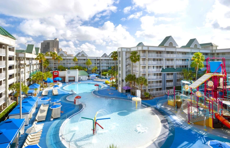 view of the waterpark and hotel