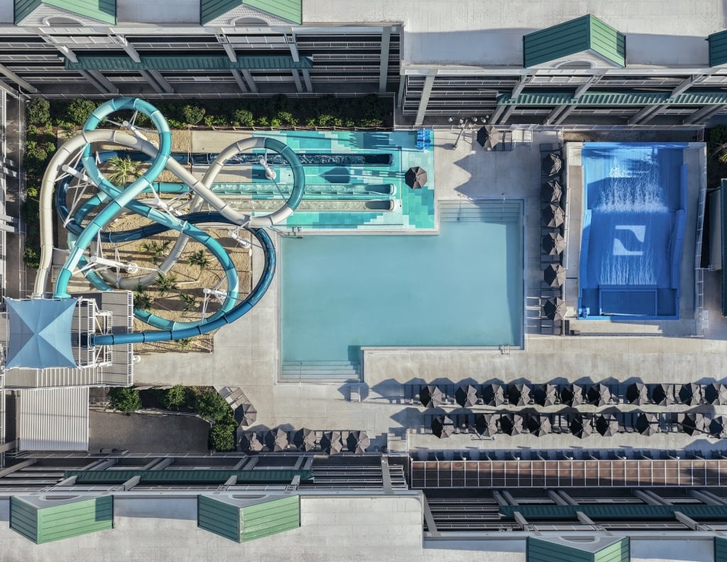 Aerial view of the water slides and Flow Rider attractions, at Surf and Splash Orlando