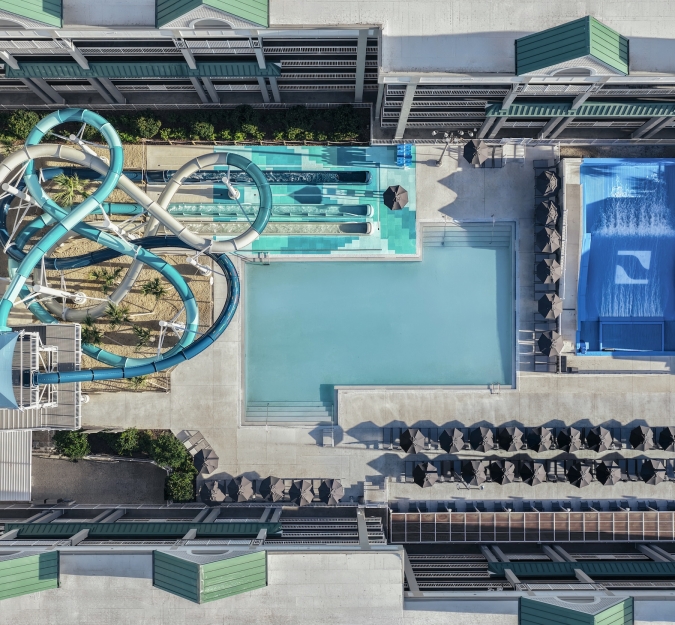 Aerial view of the water slides and Flow Rider attractions, at Surf and Splash Orlando