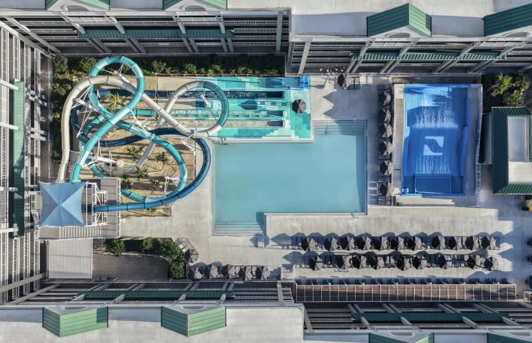 Aerial view of the water slides and Flow Rider attractions, at Surf and Splash Orlando