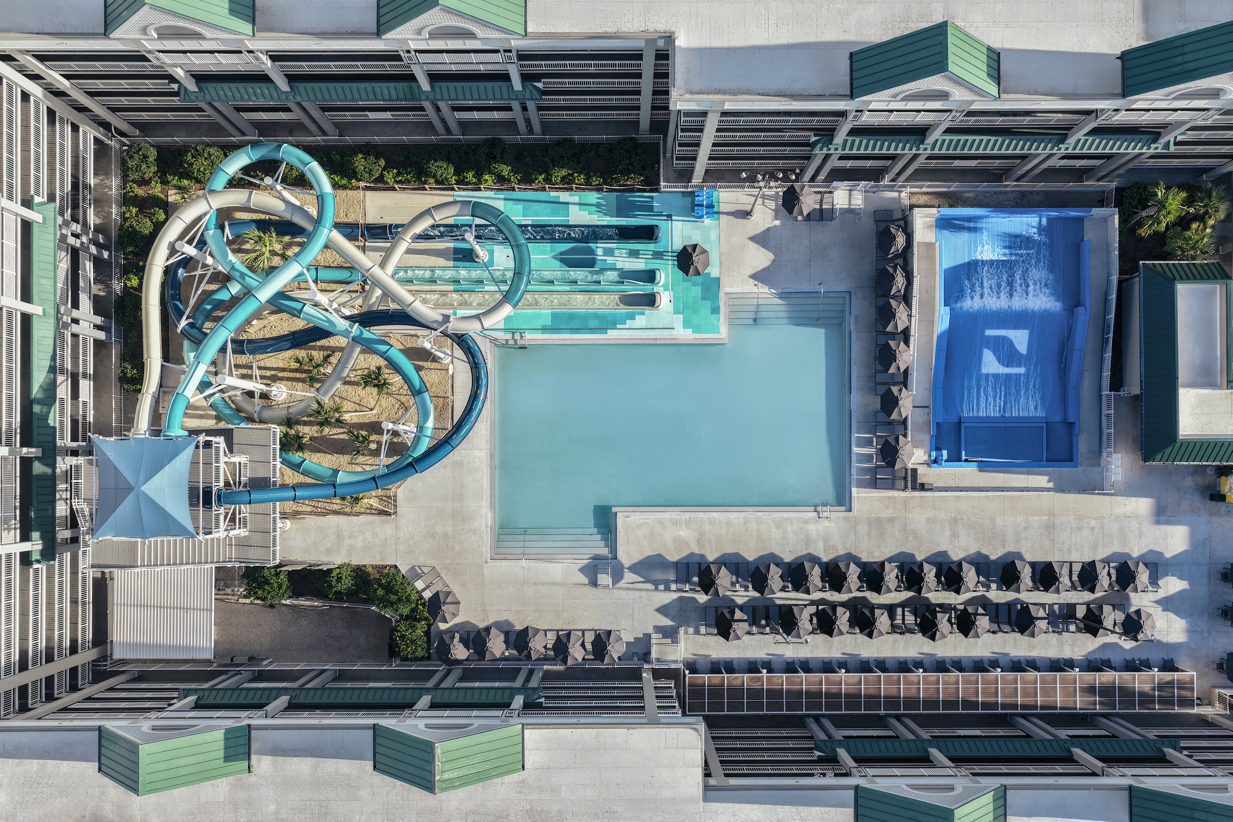 Aerial view of the water slides and Flow Rider attractions, at Surf and Splash Orlando